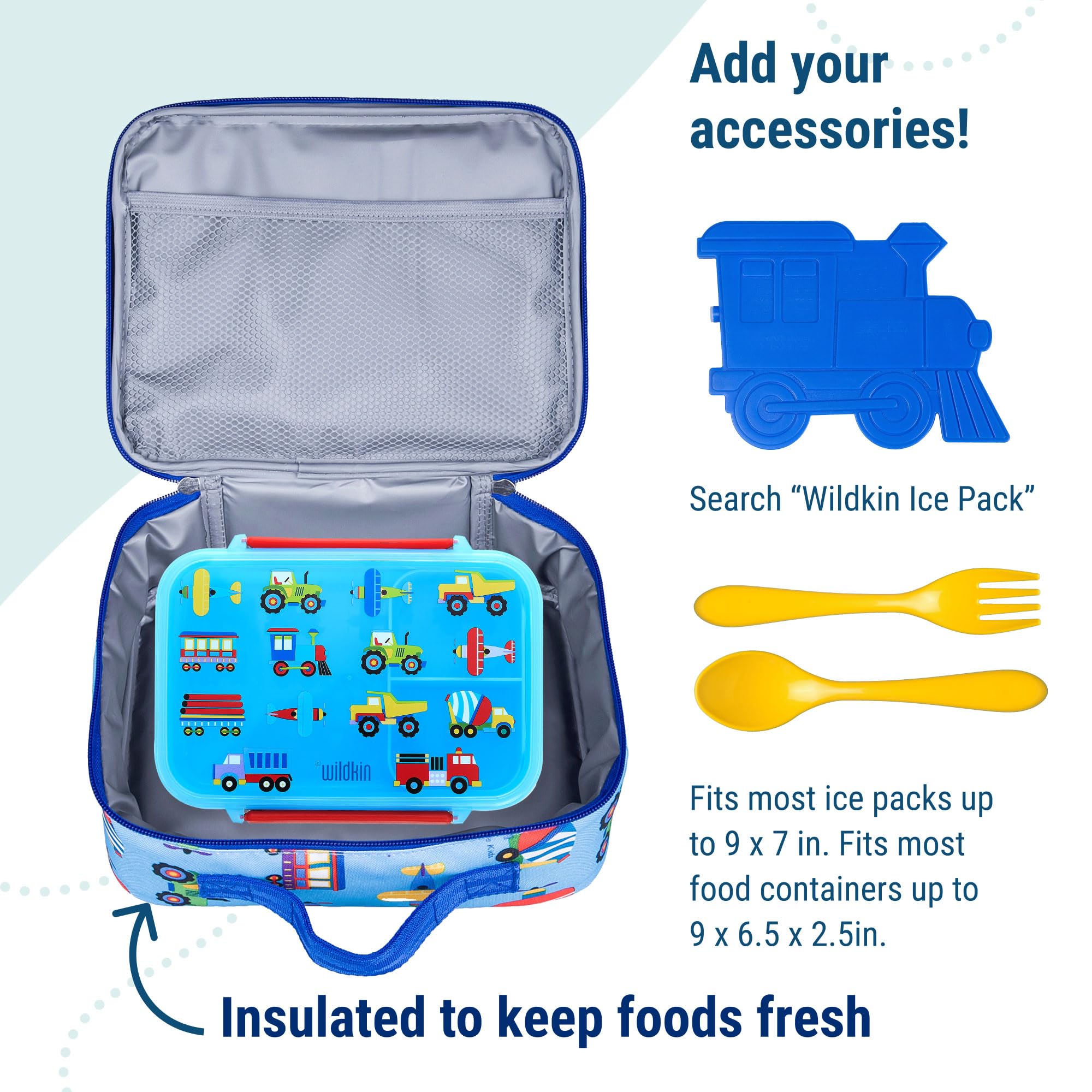 Wildkin lonchera para niños, tamaño práctico para mochilas escolares.
