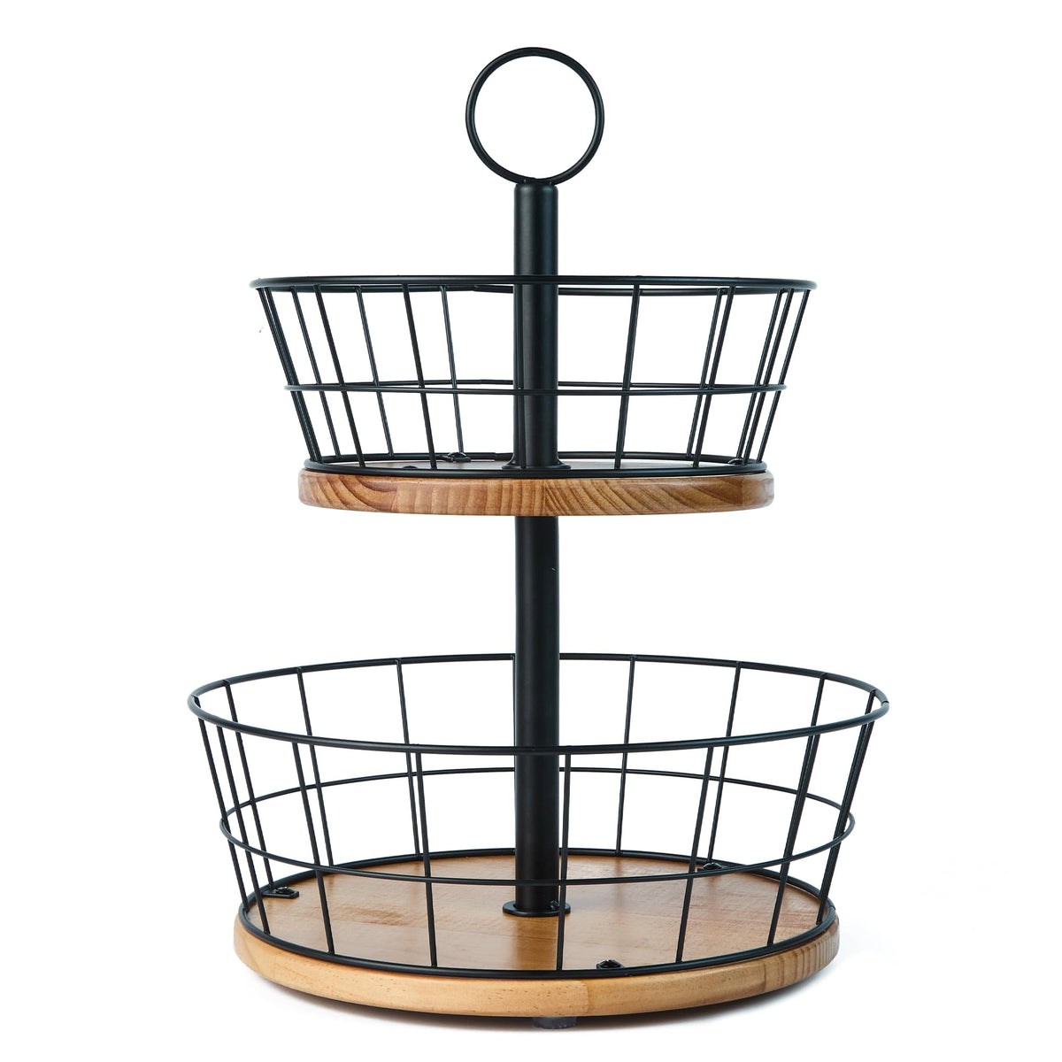 WILDMOS frutero dos niveles en hierro con base de madera para encimera ordenada.