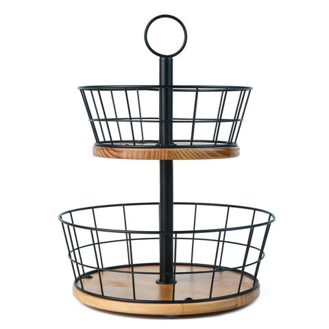 WILDMOS frutero dos niveles en hierro con base de madera para encimera ordenada.