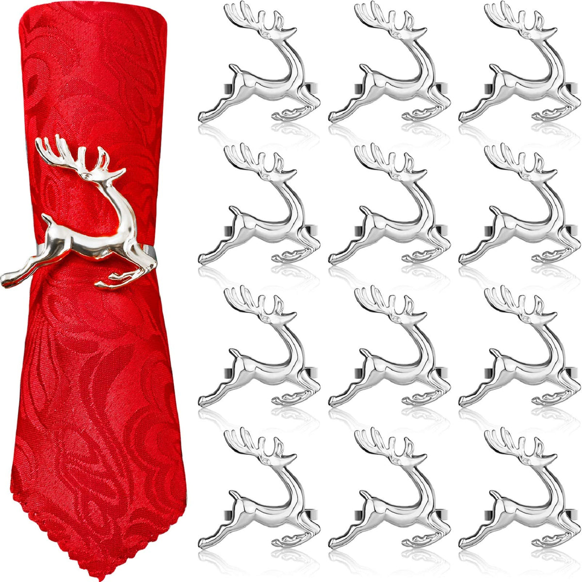 WILLBOND anillo para servilleta Reno plateado, adornando la mesa navideña con elegancia.