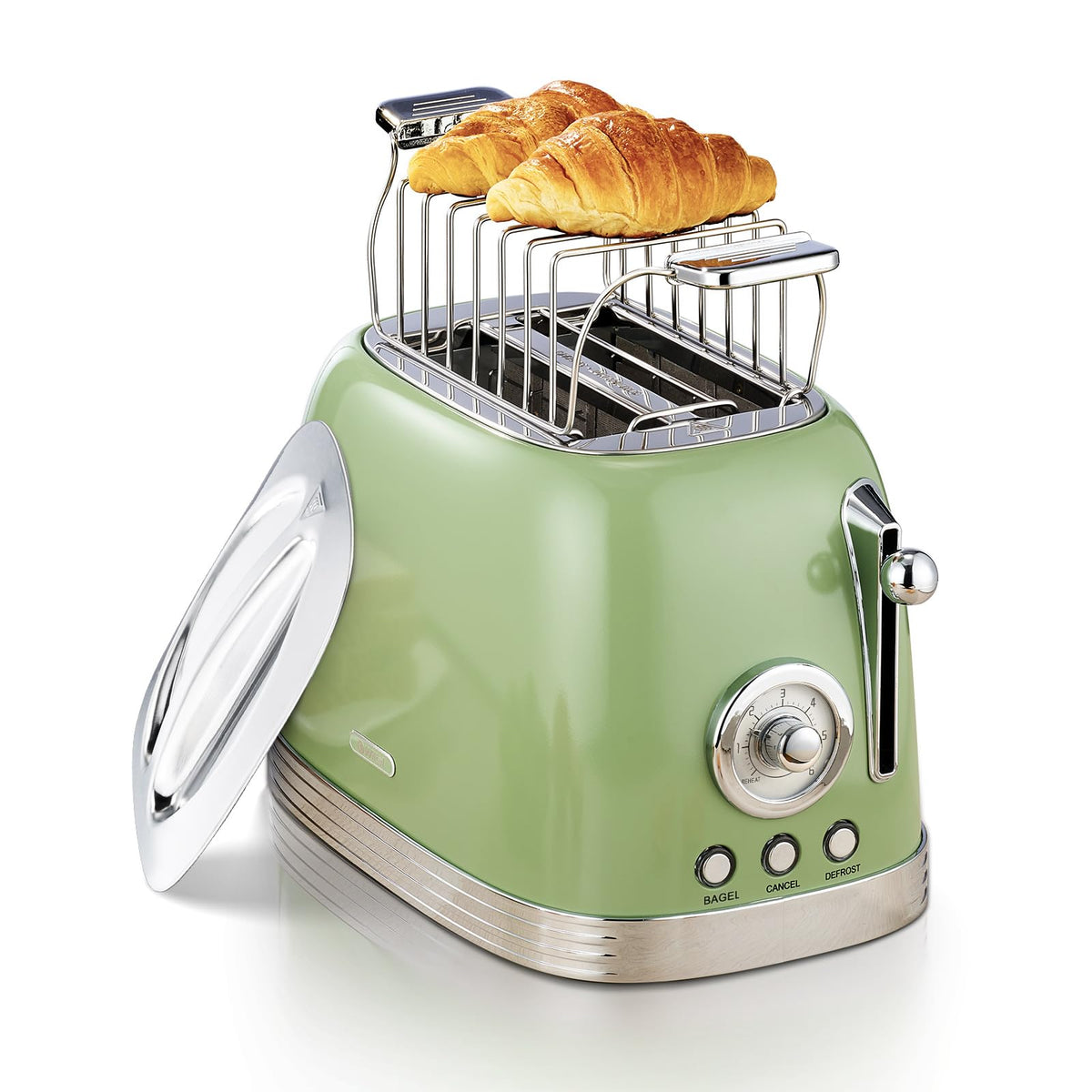 Wiltal Tostadora Retro Verde frente, ranuras de 2 rebanadas para pan grande y tostadas uniformes.