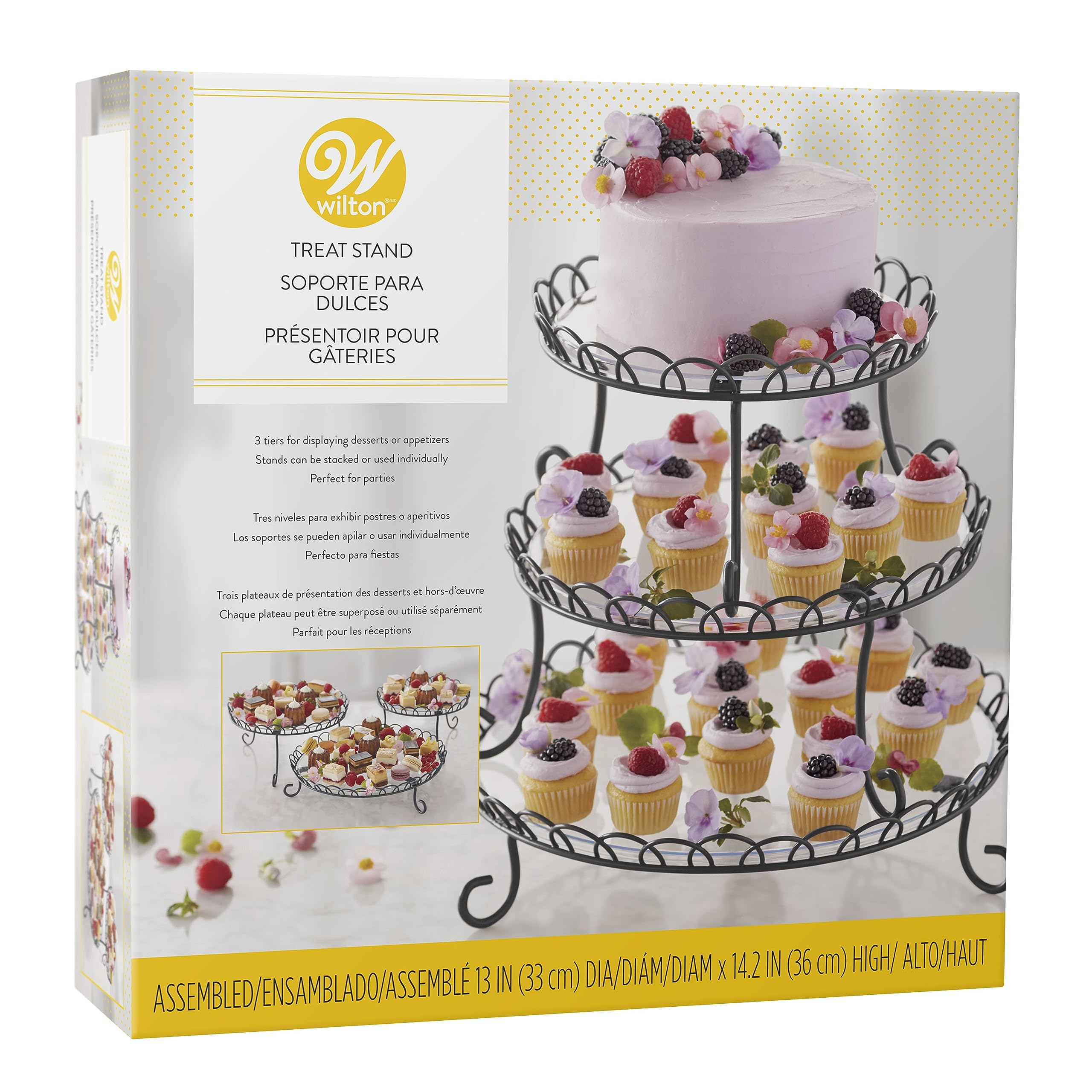 Soporte Wilton 3 niveles con conchas negro, perfecto para cupcakes y aperitivos.