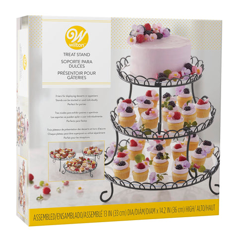 Soporte Wilton 3 niveles con conchas negro, perfecto para cupcakes y aperitivos.