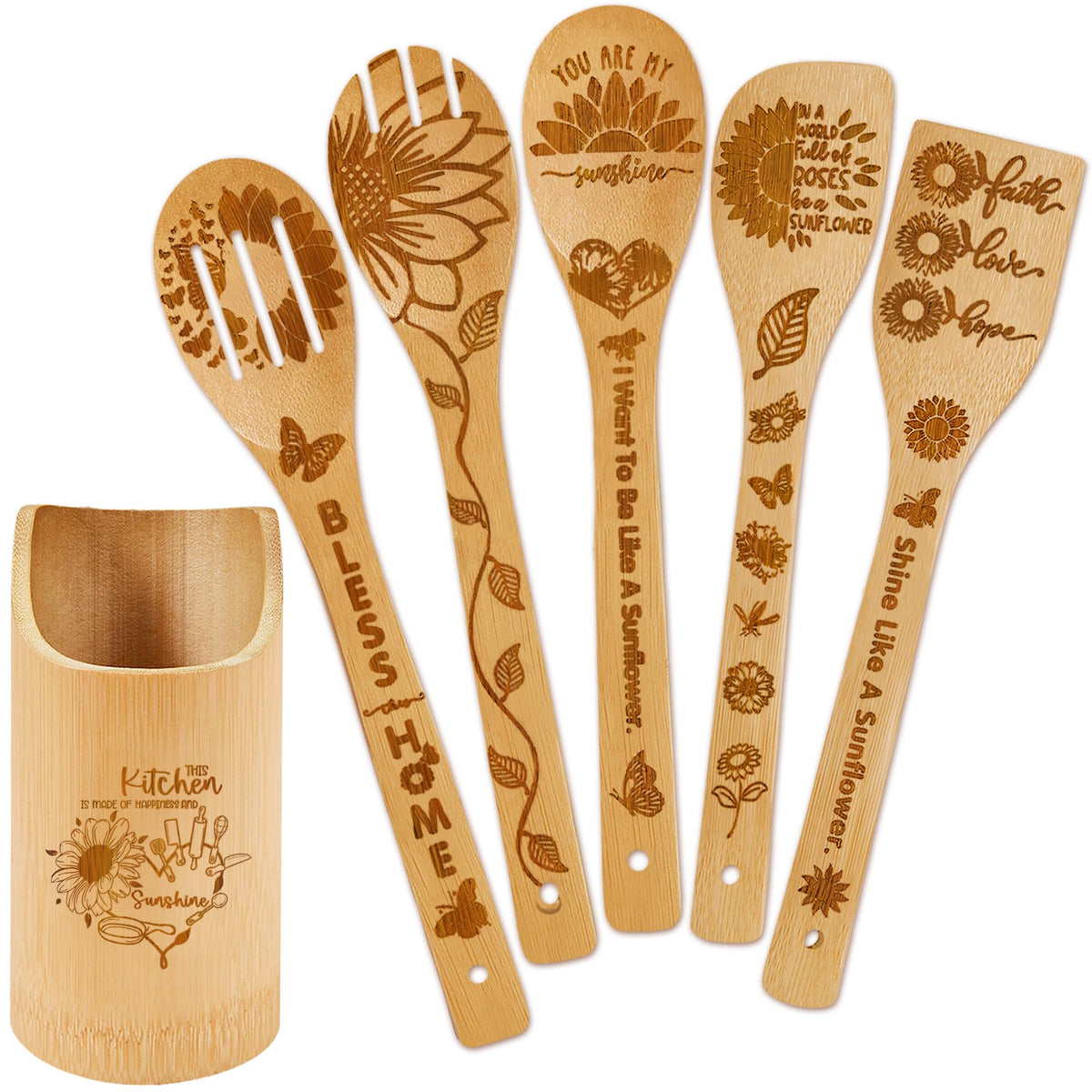 Cucharas de bambú Wimabuden con girasol: ideal para cocinar con suavidad y decorar.