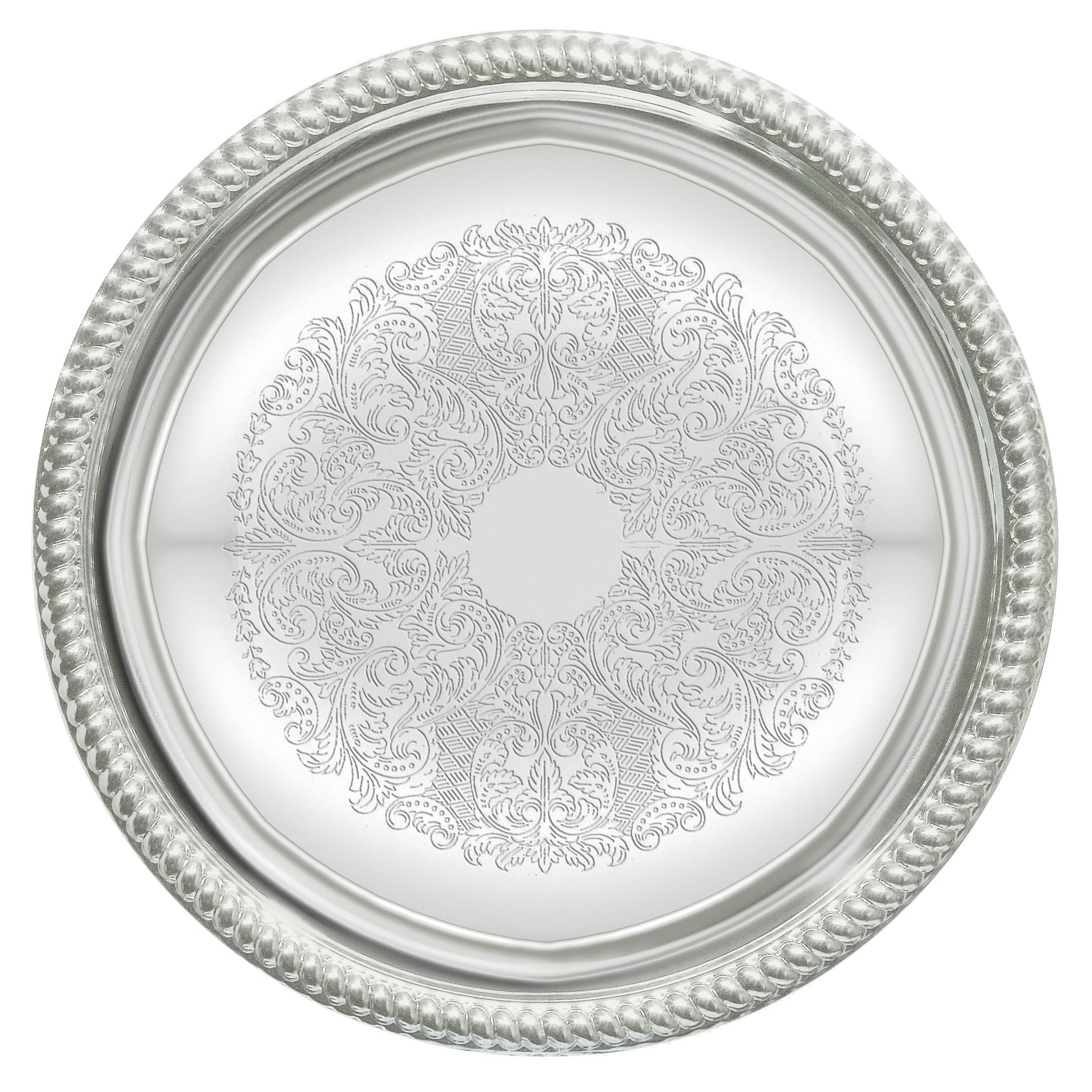 Winco CMT-14, bandeja redonda cromada con borde gadroon, ideal para servicio elegante en eventos.