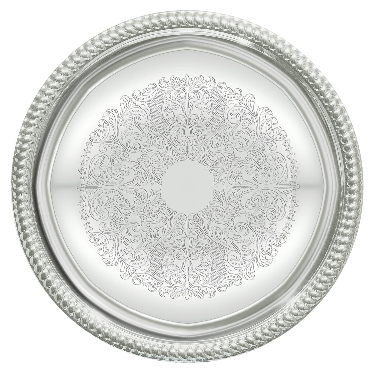 Winco CMT-14, bandeja redonda cromada con borde gadroon, ideal para servicio elegante en eventos.