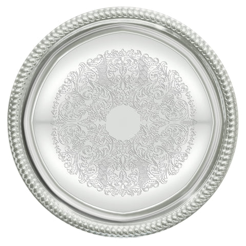 Winco CMT-14, bandeja redonda cromada con borde gadroon, ideal para servicio elegante en eventos.