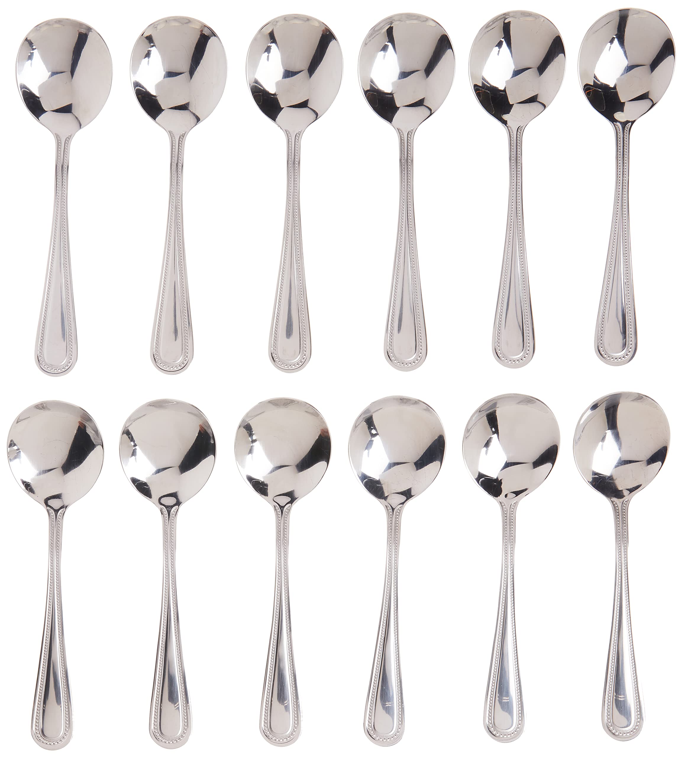 Winco Cucharas Bouillon Dots, vista general, conjunto elegante para mesas modernas.
