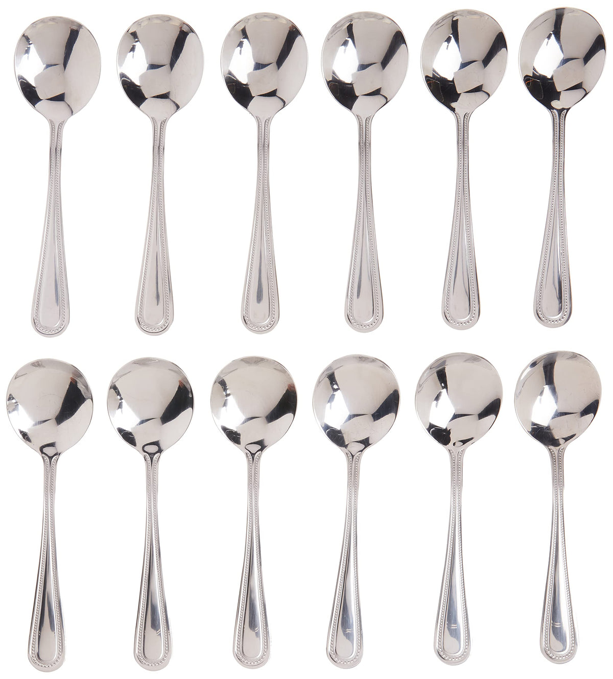Winco Cucharas Bouillon Dots, vista general, conjunto elegante para mesas modernas.