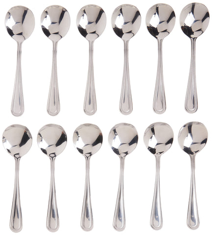 Winco Cucharas Bouillon Dots, vista general, conjunto elegante para mesas modernas.