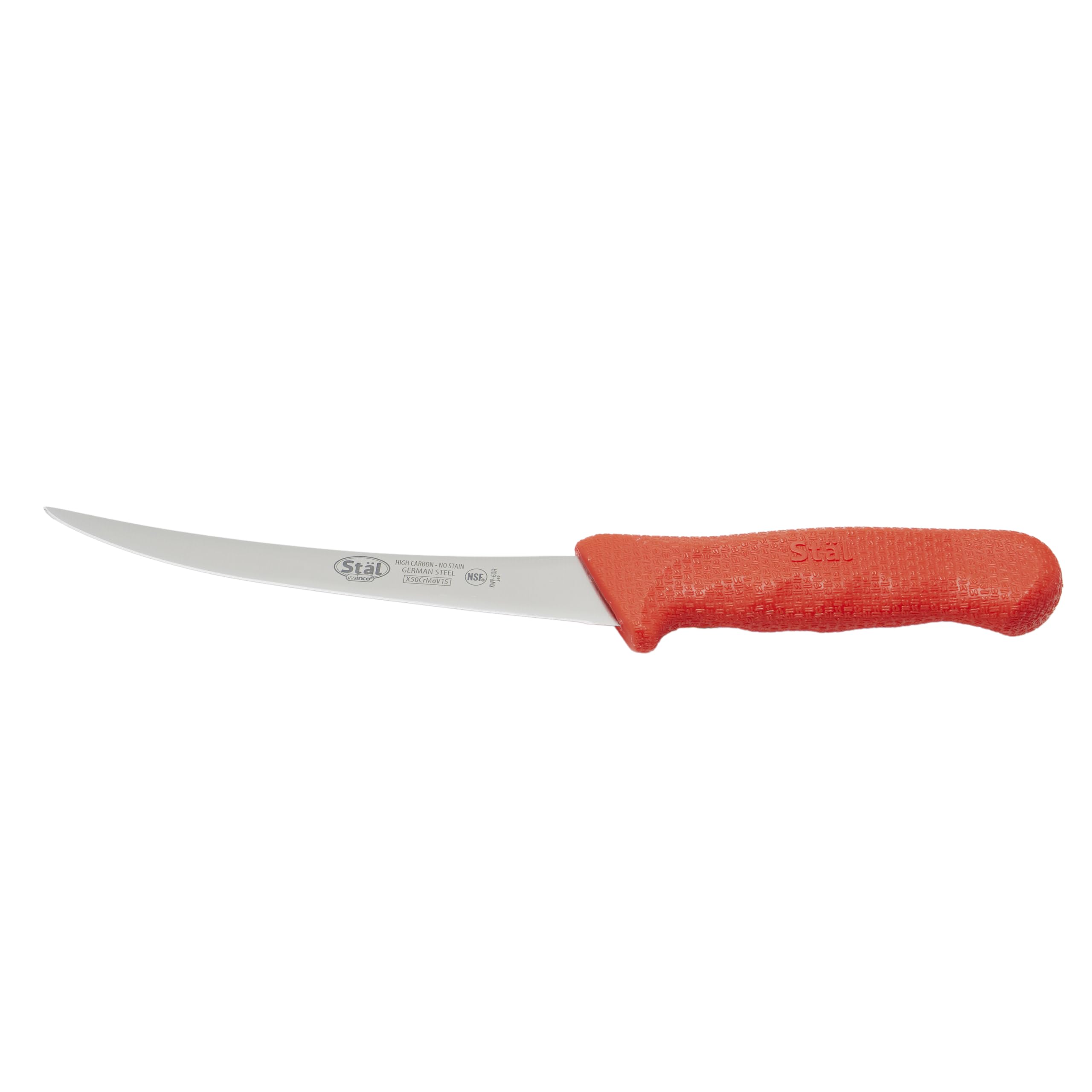Winco cuchillo deshuesar 6 pulgadas con mango rojo ergonómico para uso prolongado.