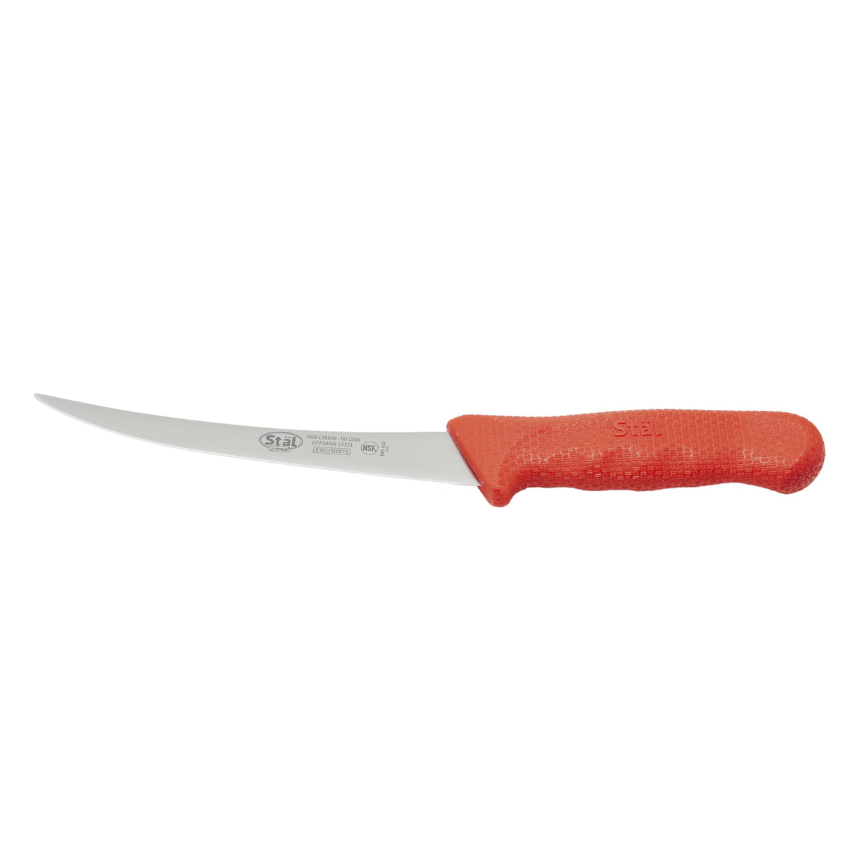 Winco cuchillo deshuesar 6 pulgadas con mango rojo ergonómico para uso prolongado.