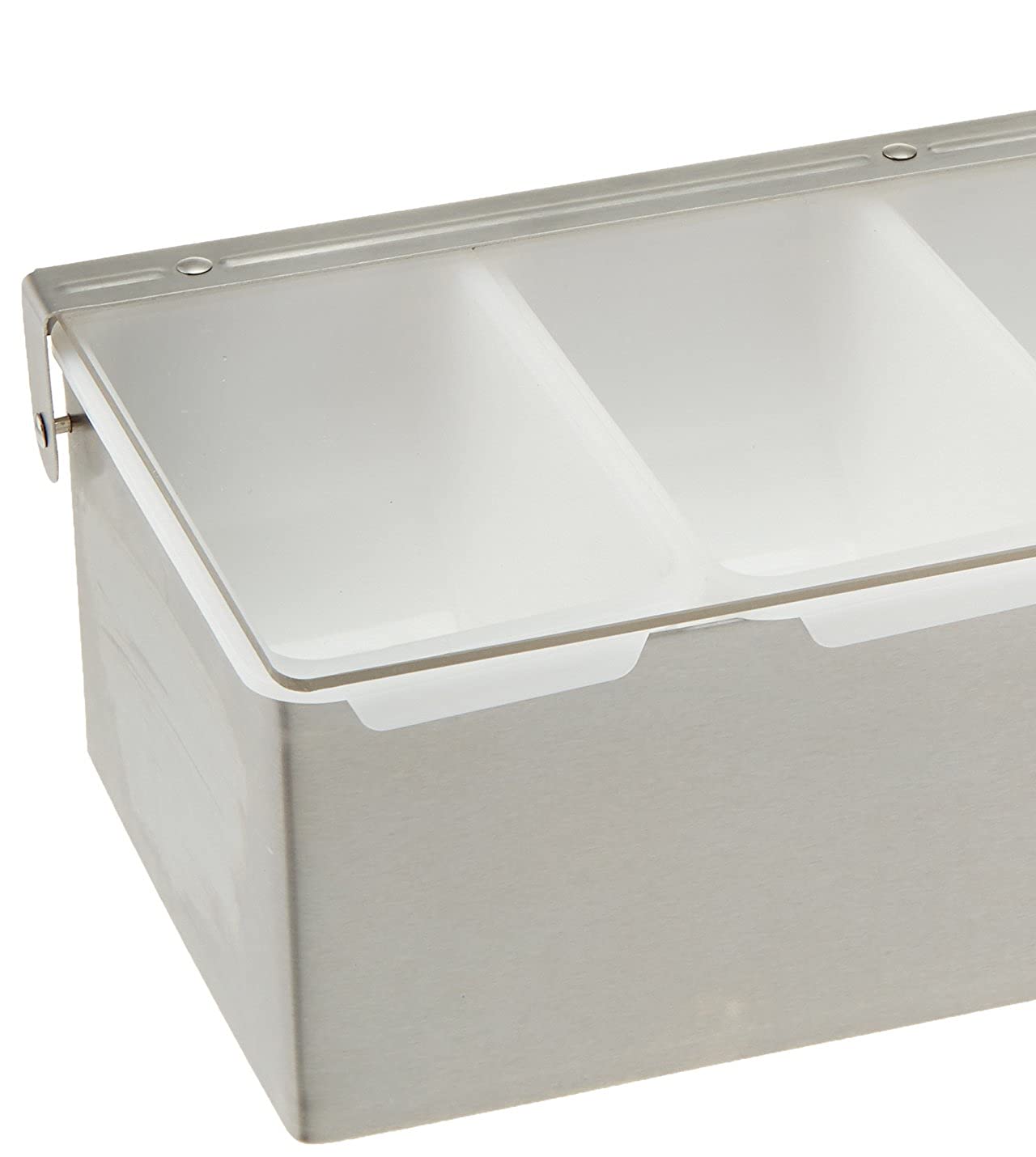Winco dispensador de condimentos 4 compartimentos, detalle tapas, dosifica con precisión.