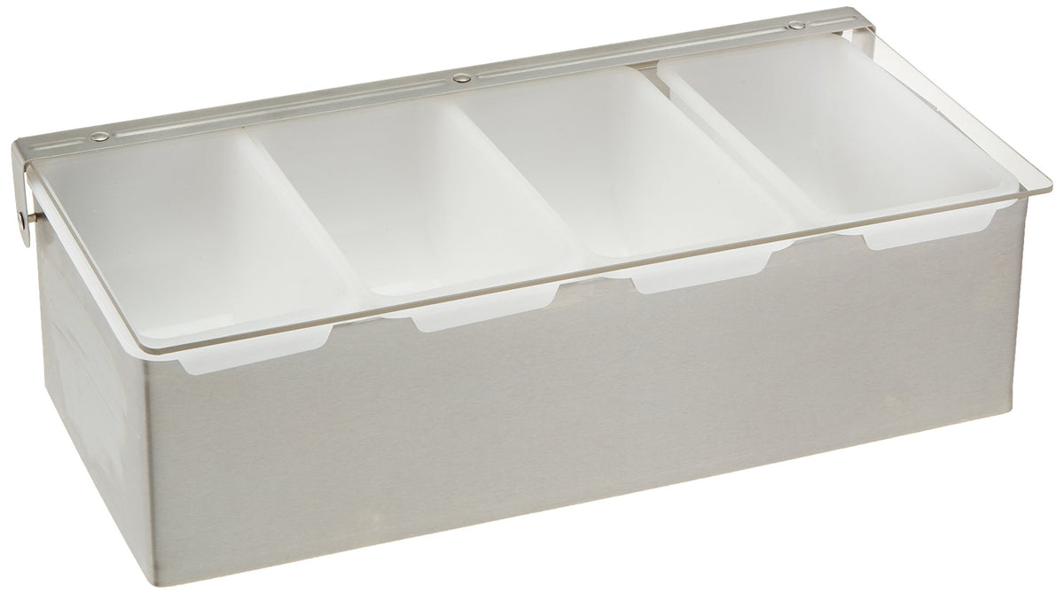 Winco dispensador de condimentos 4 compartimentos, vista frontal, ideal para servicio eficiente.