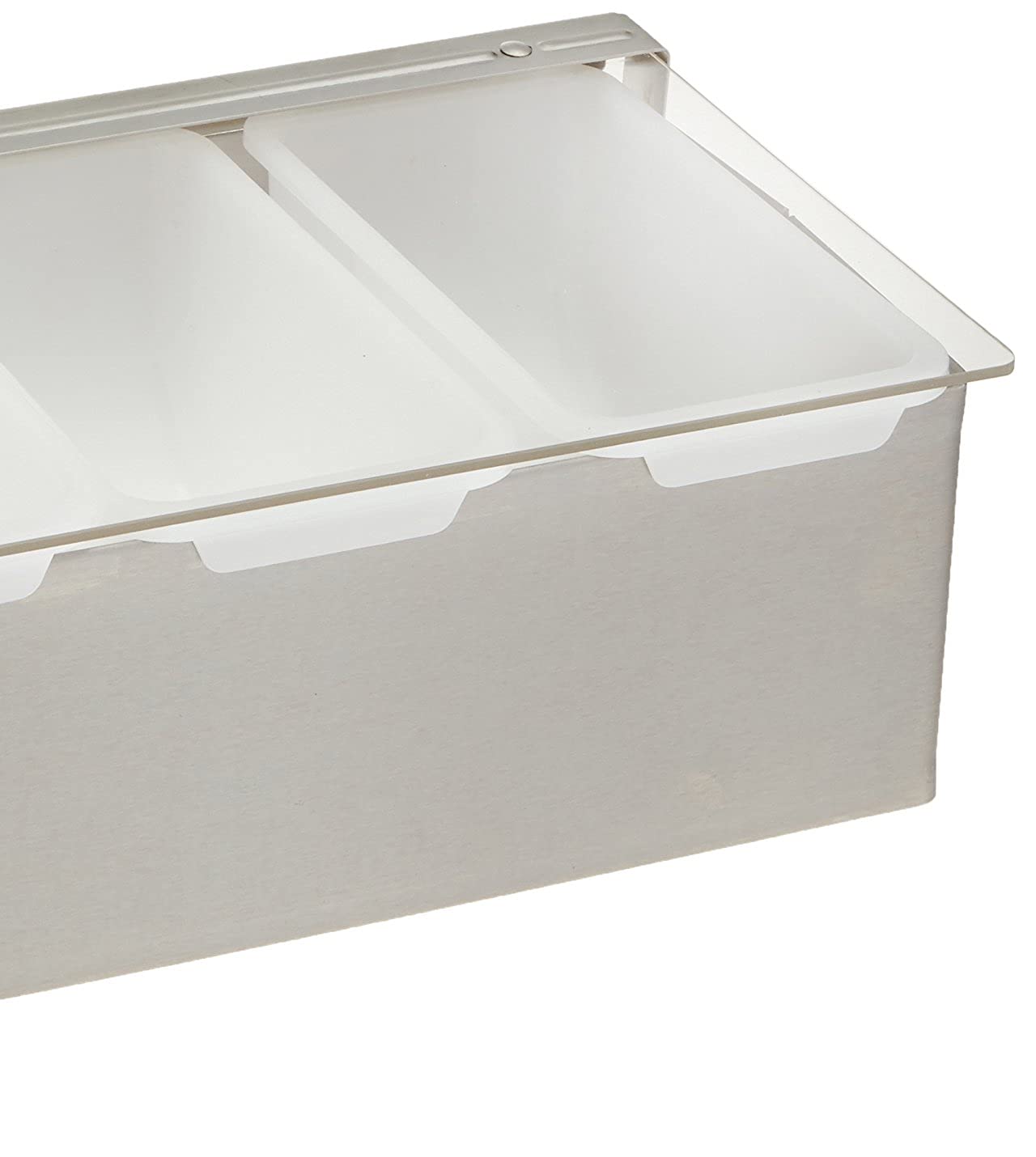 Winco dispensador de condimentos 4 compartimentos en uso en cocina, presentación ordenada.