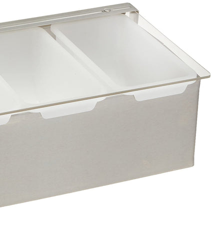 Winco dispensador de condimentos 4 compartimentos en uso en cocina, presentación ordenada.
