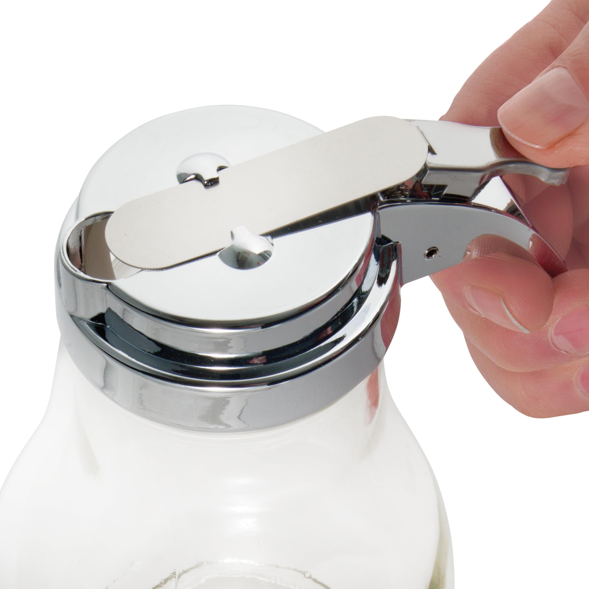 Winco dispensador sirope miel, tapa de acero, detalle práctico para uso diario.