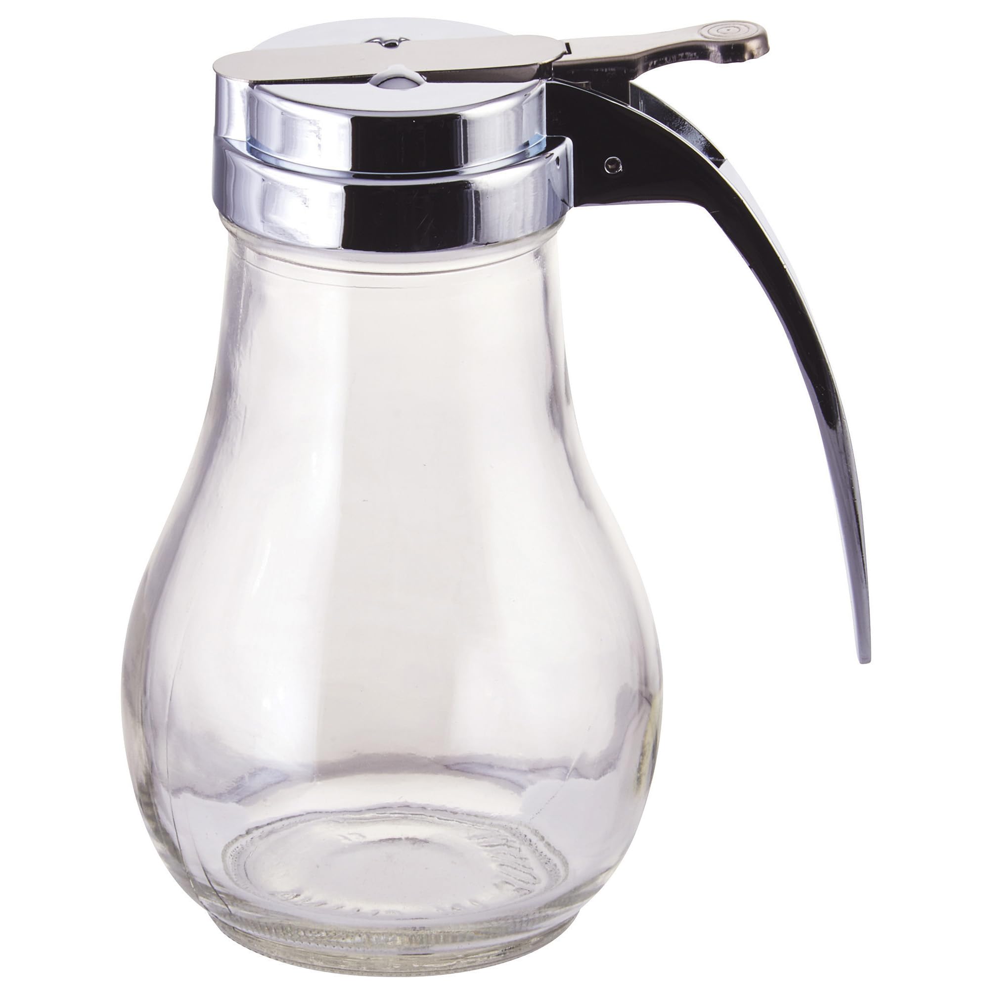 Winco dispensador de sirope miel 14oz cristal, vista frontal, vertido preciso para jarabe o miel.