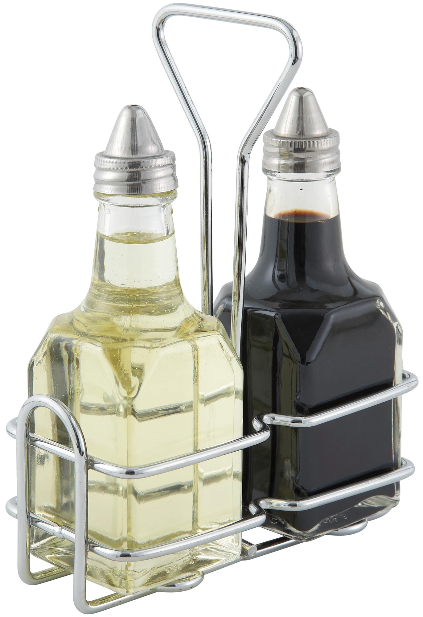 Winco G-104S con soporte cromado para aceites y vinagres, botella de 177 ml, instalación ordenada.
