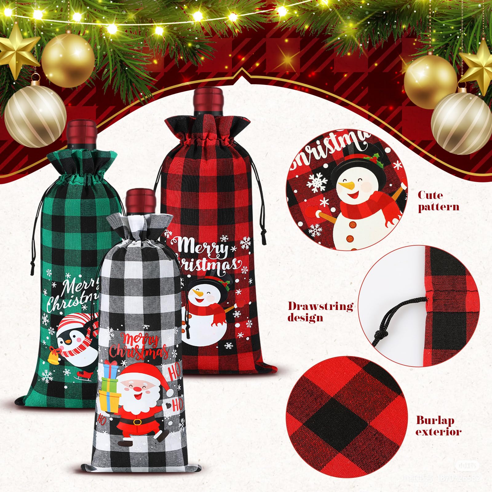 Windyun diseño a cuadros navideños para bolsas de vino