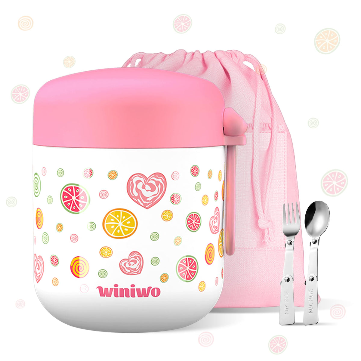 Termo WINIWO para niños con boca ancha, ideal para rellenar y comer fácilmente.