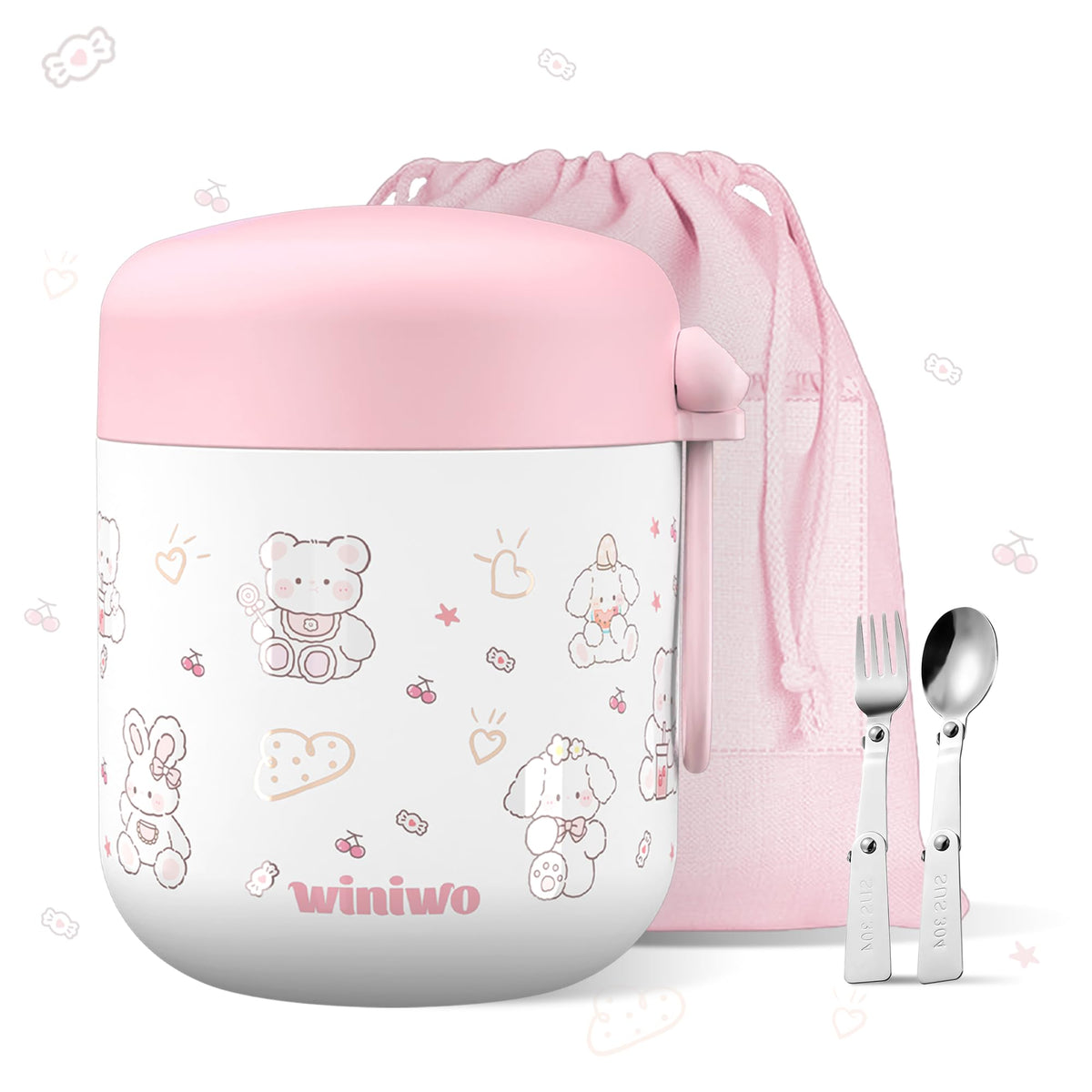 Winiwo jarra para niños con boca ancha rosa con conejo, facilita rellenar y comer.