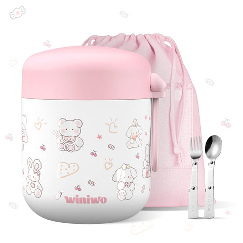 Winiwo jarra para niños con boca ancha rosa con conejo, facilita rellenar y comer.