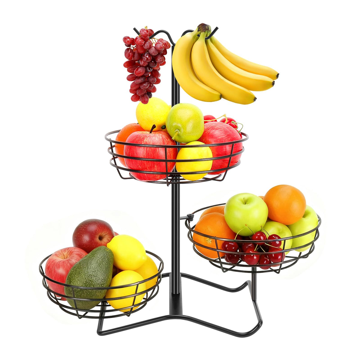 Winmien cesto de frutas tres niveles negro, almacenamiento compacto y accesible.