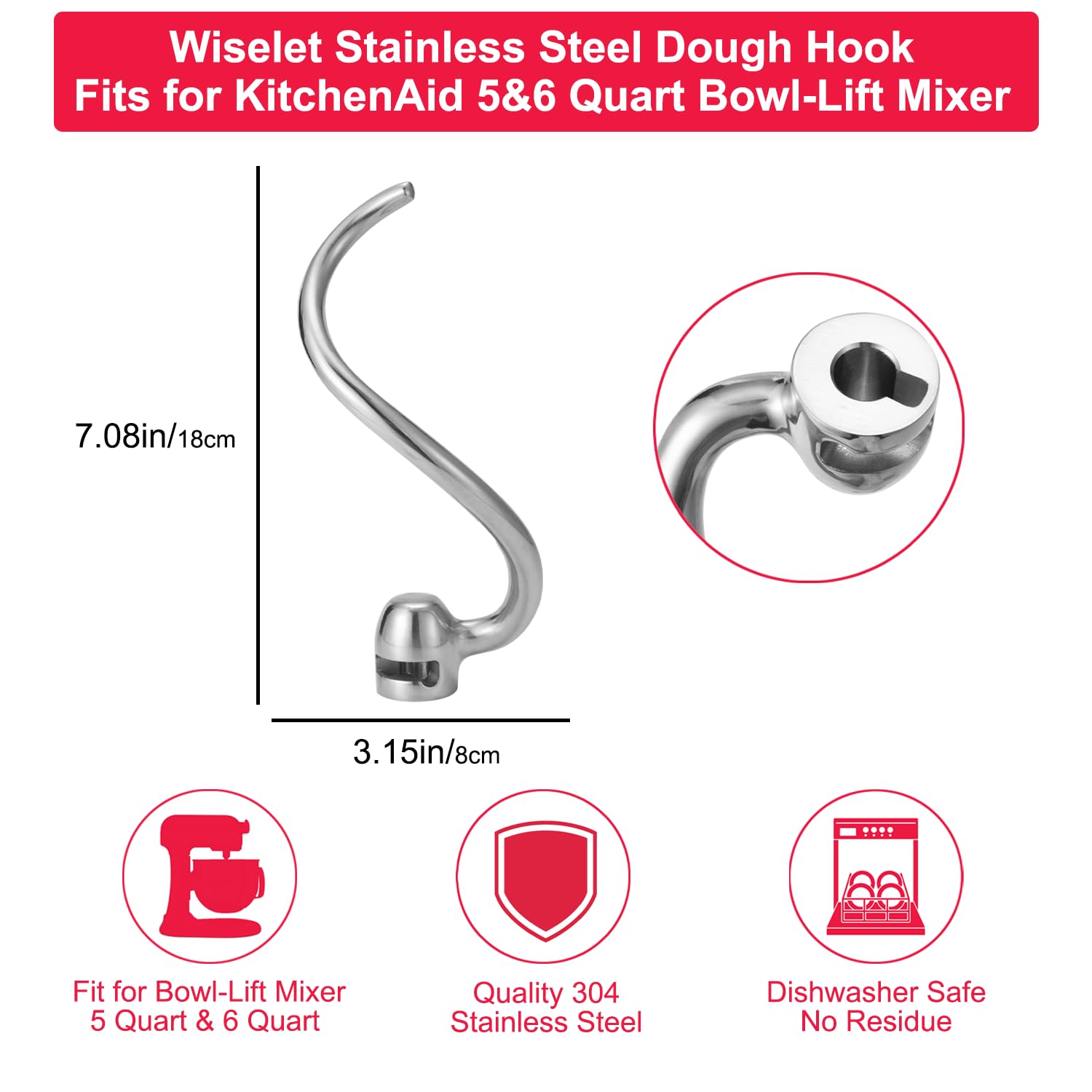 Wiselet gancho masa acero inoxidable, apto lavavajillas para limpieza fácil