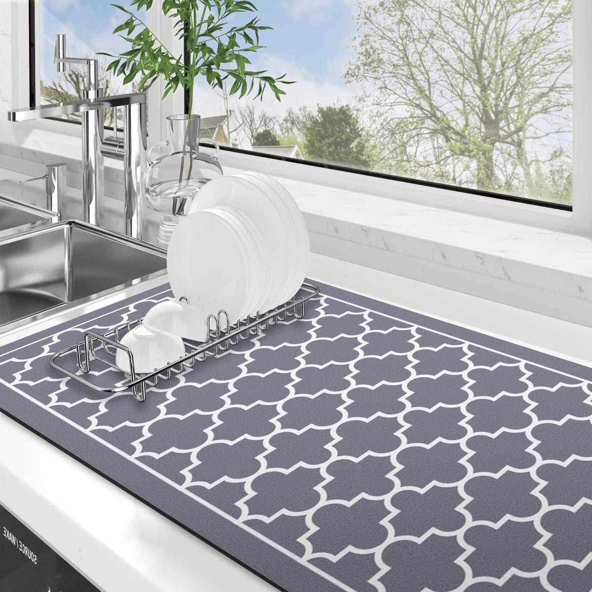 Alfombra Wiselife para secado de platos en gris, gran tamaño y absorbente.