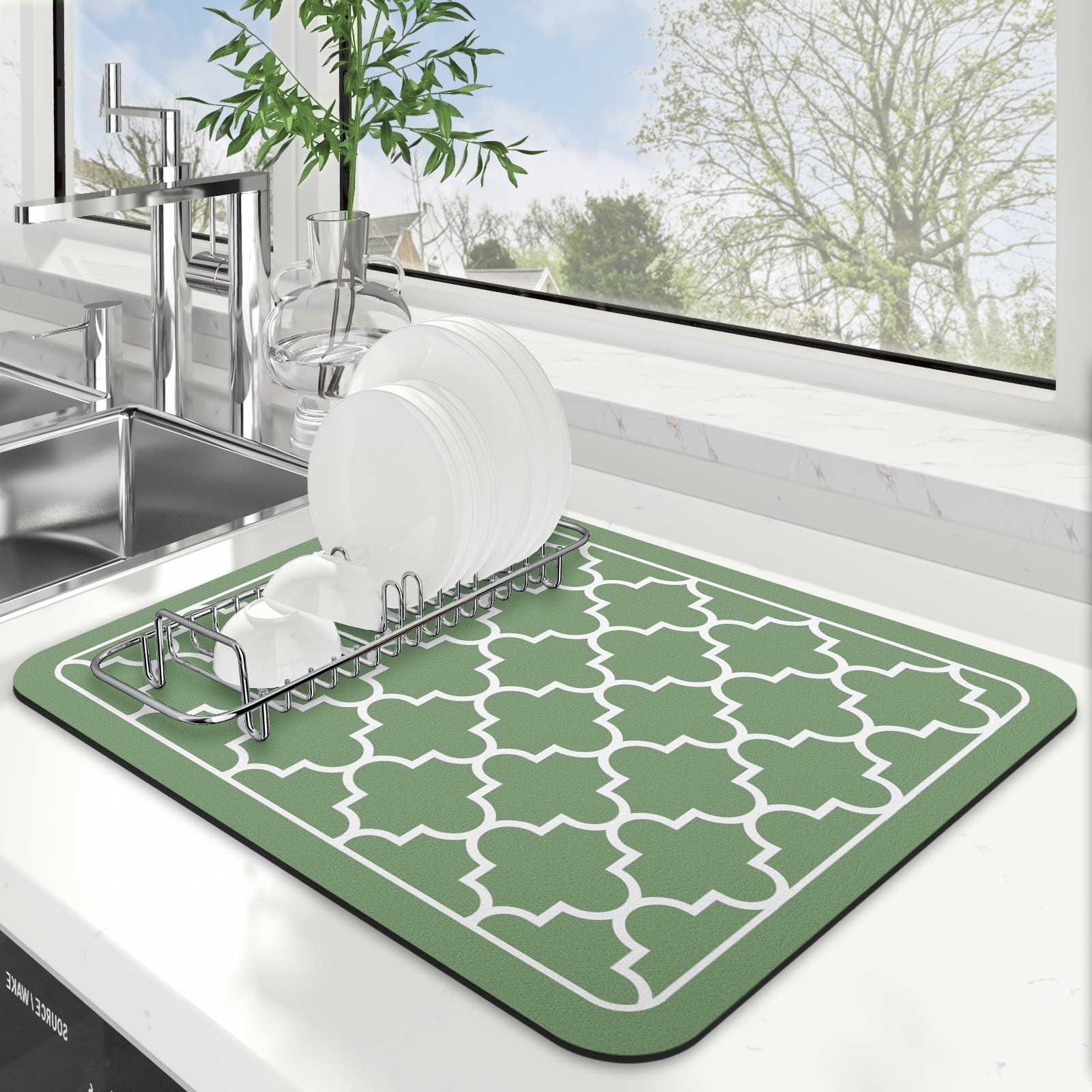 Almohadilla de secado para platos verde con diseño práctico de WISELIFE.