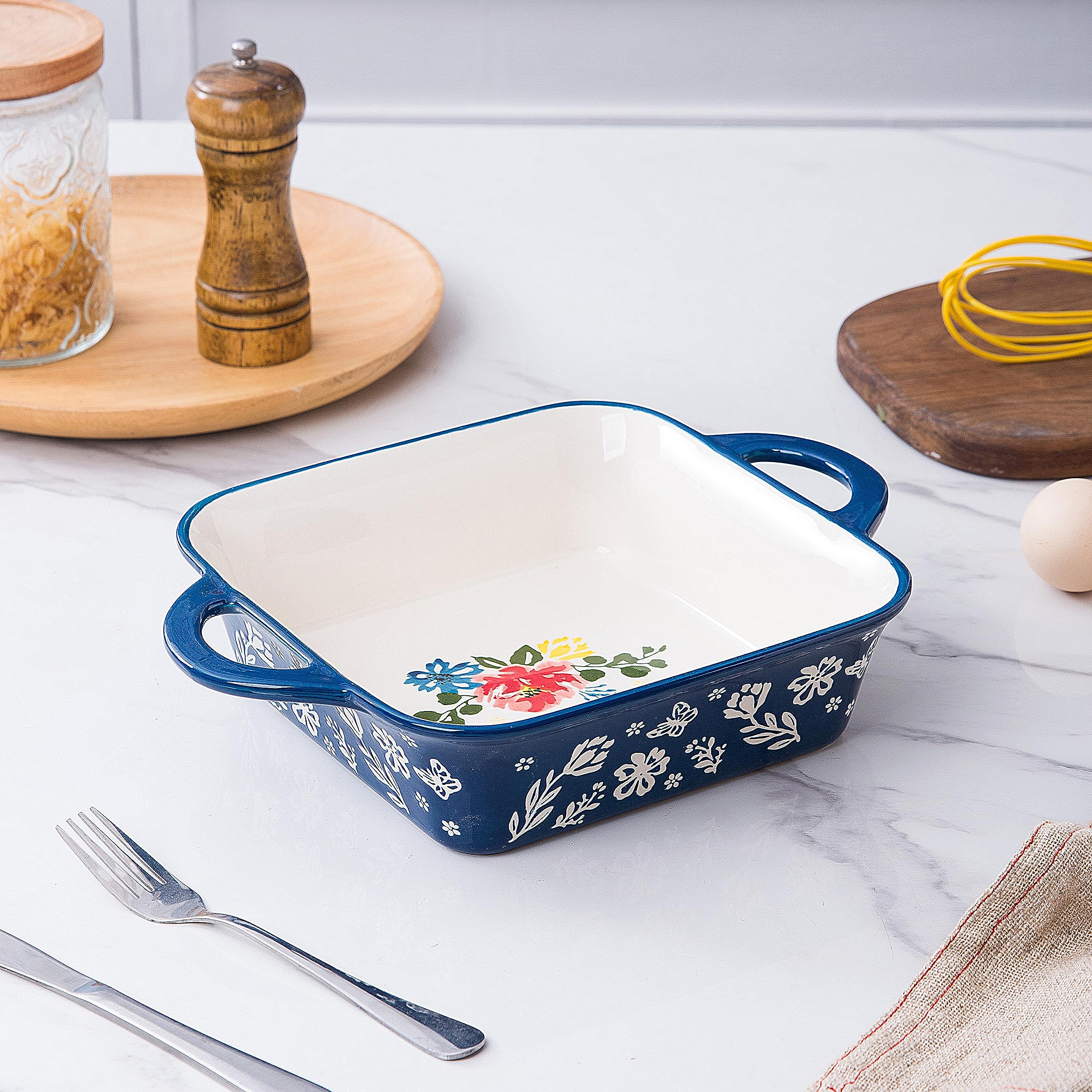 Wisenvoy bandeja cerámica 8x8 con patrón floral, perfecta para servir con estilo.