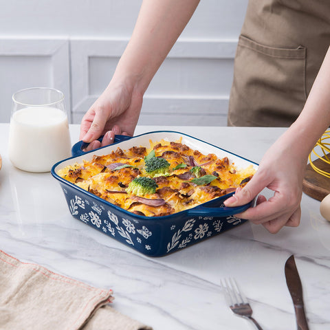 Wisenvoy bandeja cerámica 8x8 para horno y microondas, fácil de usar.