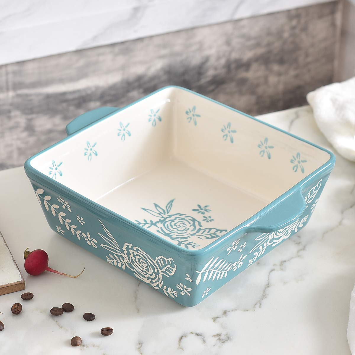 Bandeja Wisenvoy para lasagna 8x8, diseño floral pintado a mano.