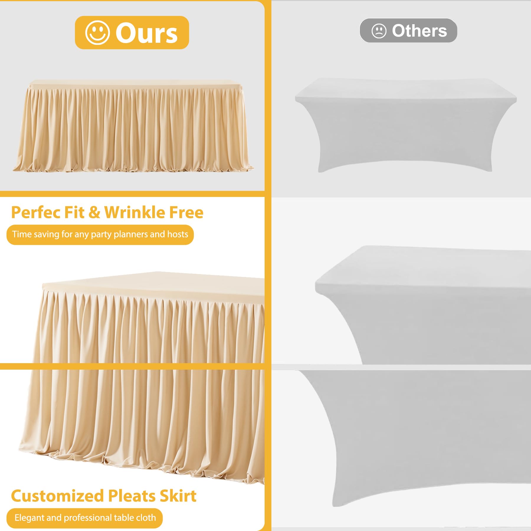 Wish Care: mantel rectangular champagne cubriendo las patas para un aspecto limpio.