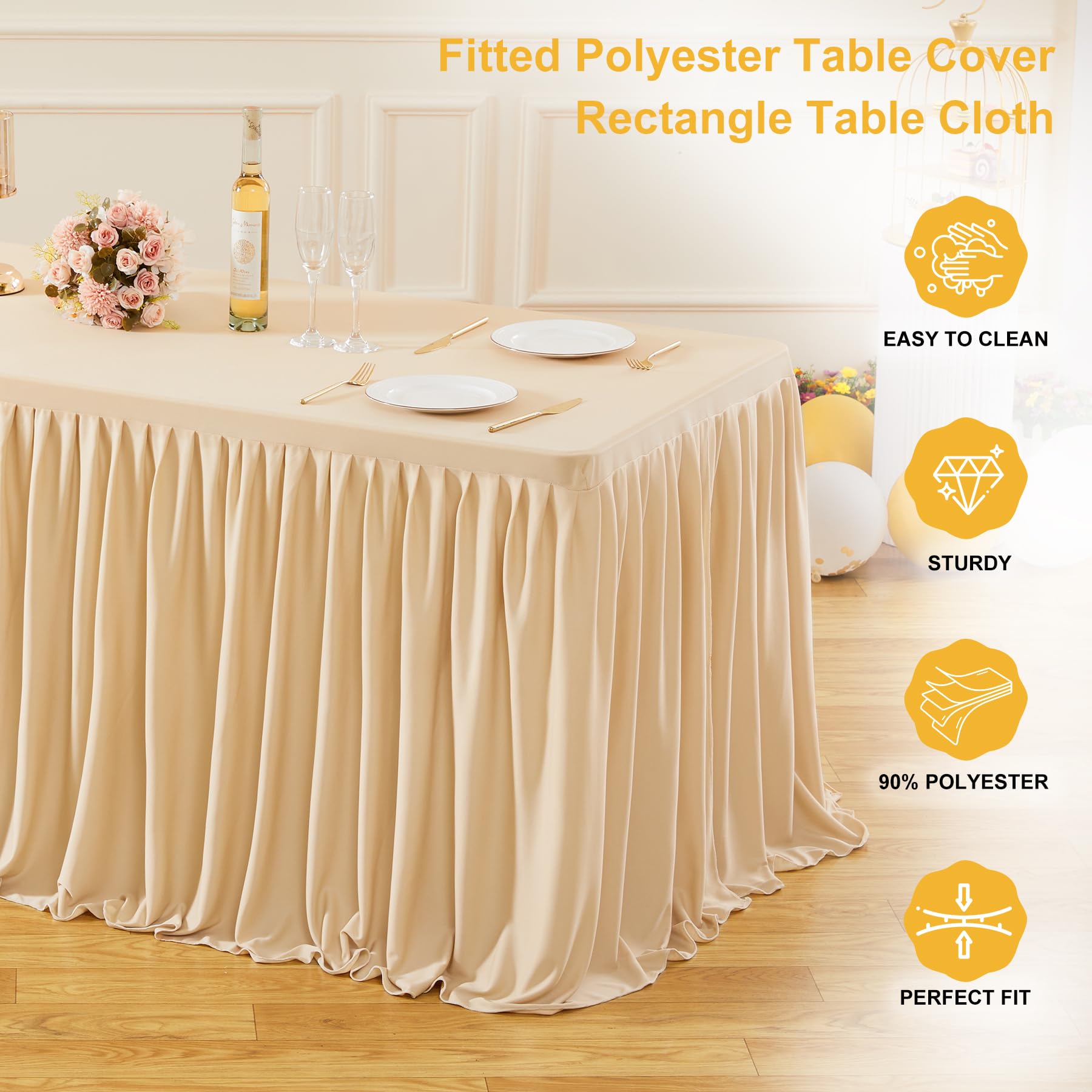 Wish Care: mantel rectangular champagne plisado que aporta elegancia y cobertura completa.