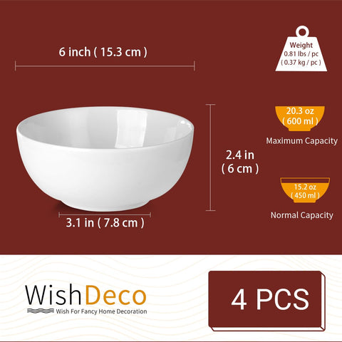 WishDeco tazones pasta blancos cerámica 6in, ideales para platos calientes y presentaciones limpias.