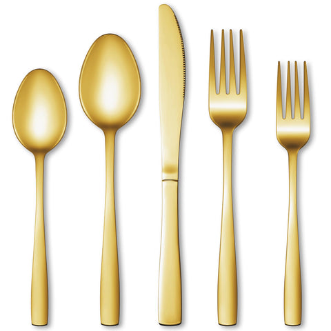 WISKEMA cubiertos dorados, frontal, juego para 4 personas ideal para cenas elegantes.