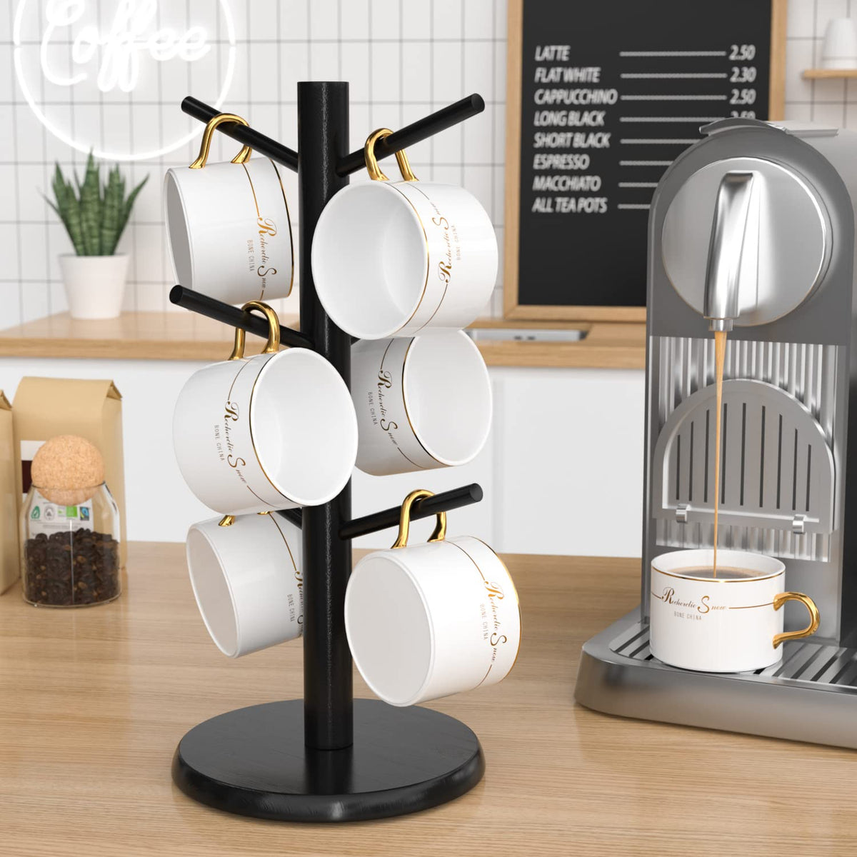 Arbol porta-tazas Wisuce negro con base gruesa para estabilidad diaria.