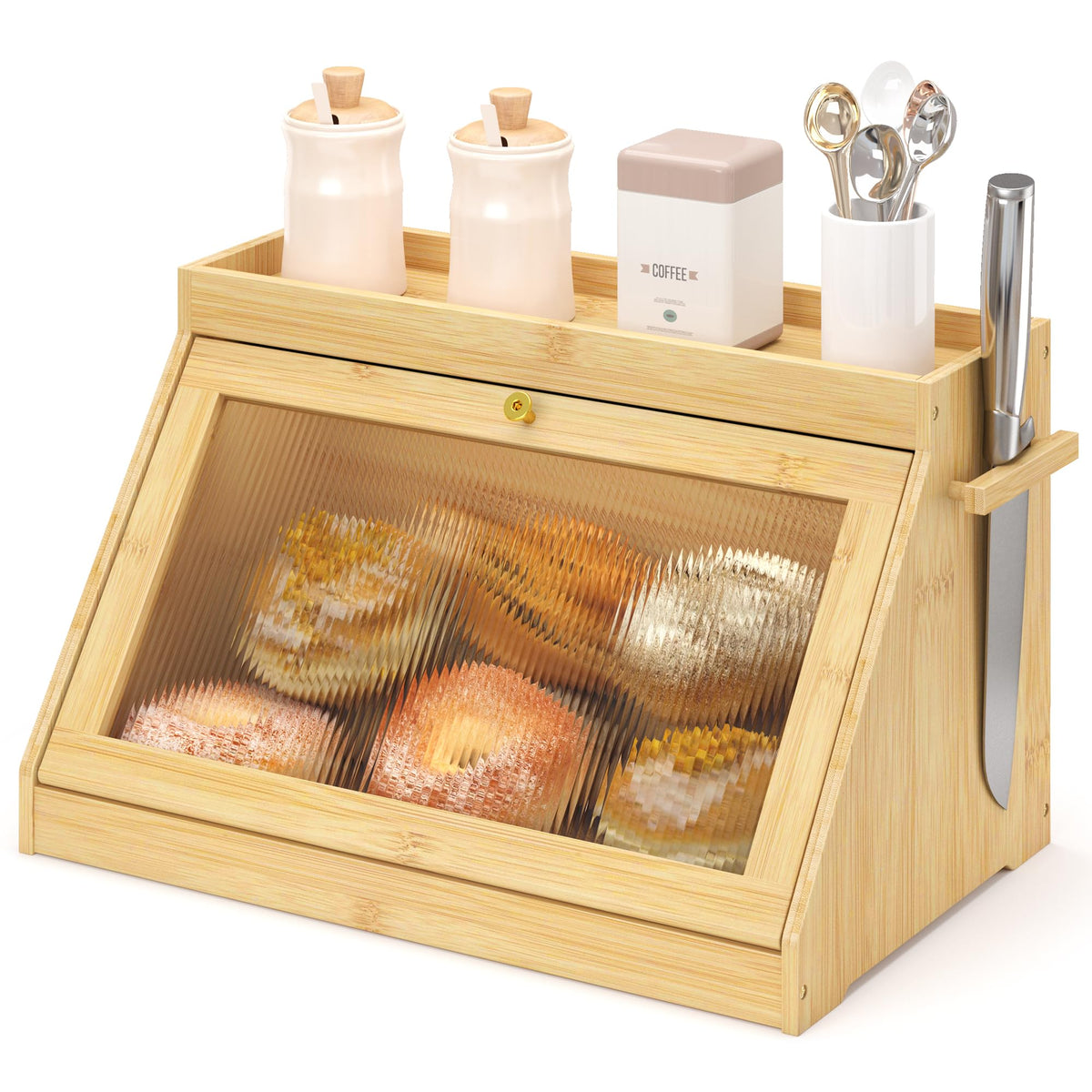 Wisuce Essentials caja pan bambu estante frontal, ideal para optimizar el espacio en la encimera.