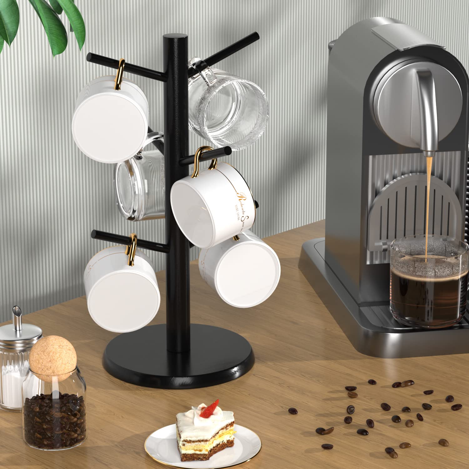 Wisuce porta-tazas bambu negro ideal para sostener hasta 6 tazas.
