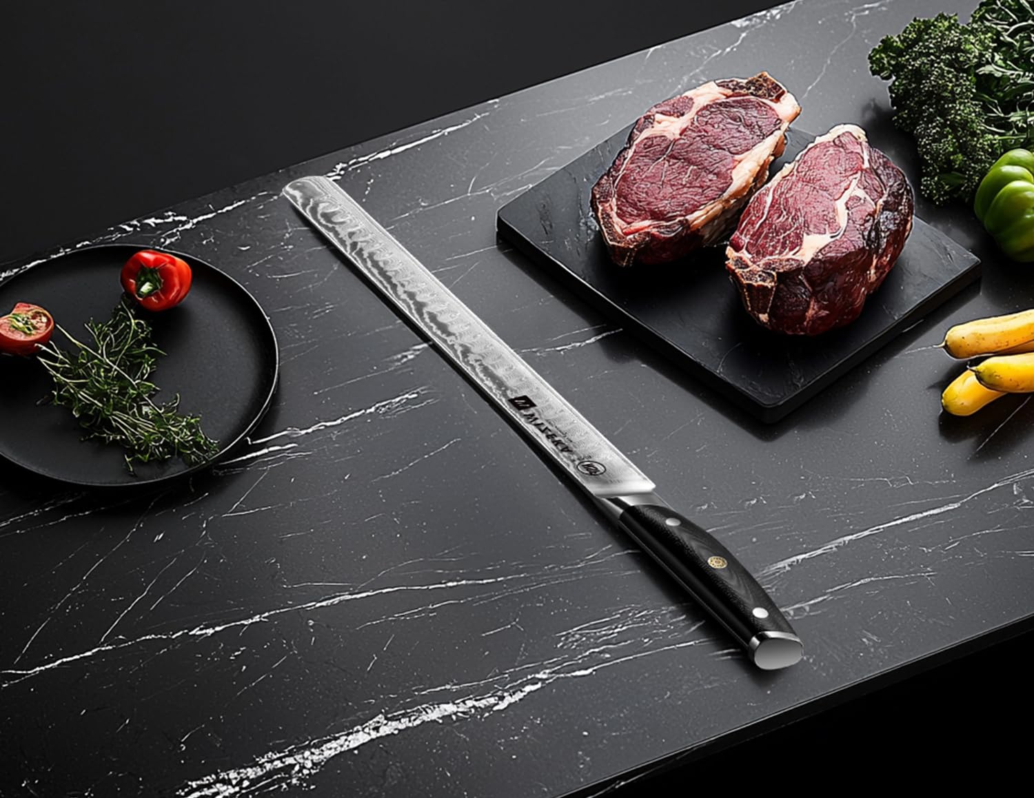Corte preciso de asados con el cuchillo WIZEKA para rebanar piezas grandes.