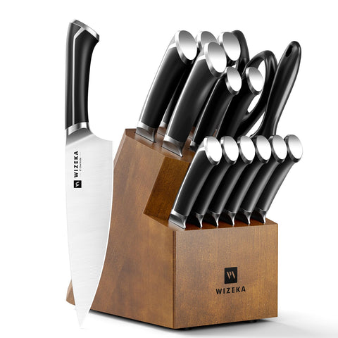 Cuchillos WIZEKA 15 piezas en bloque de madera para almacenamiento seguro y orden