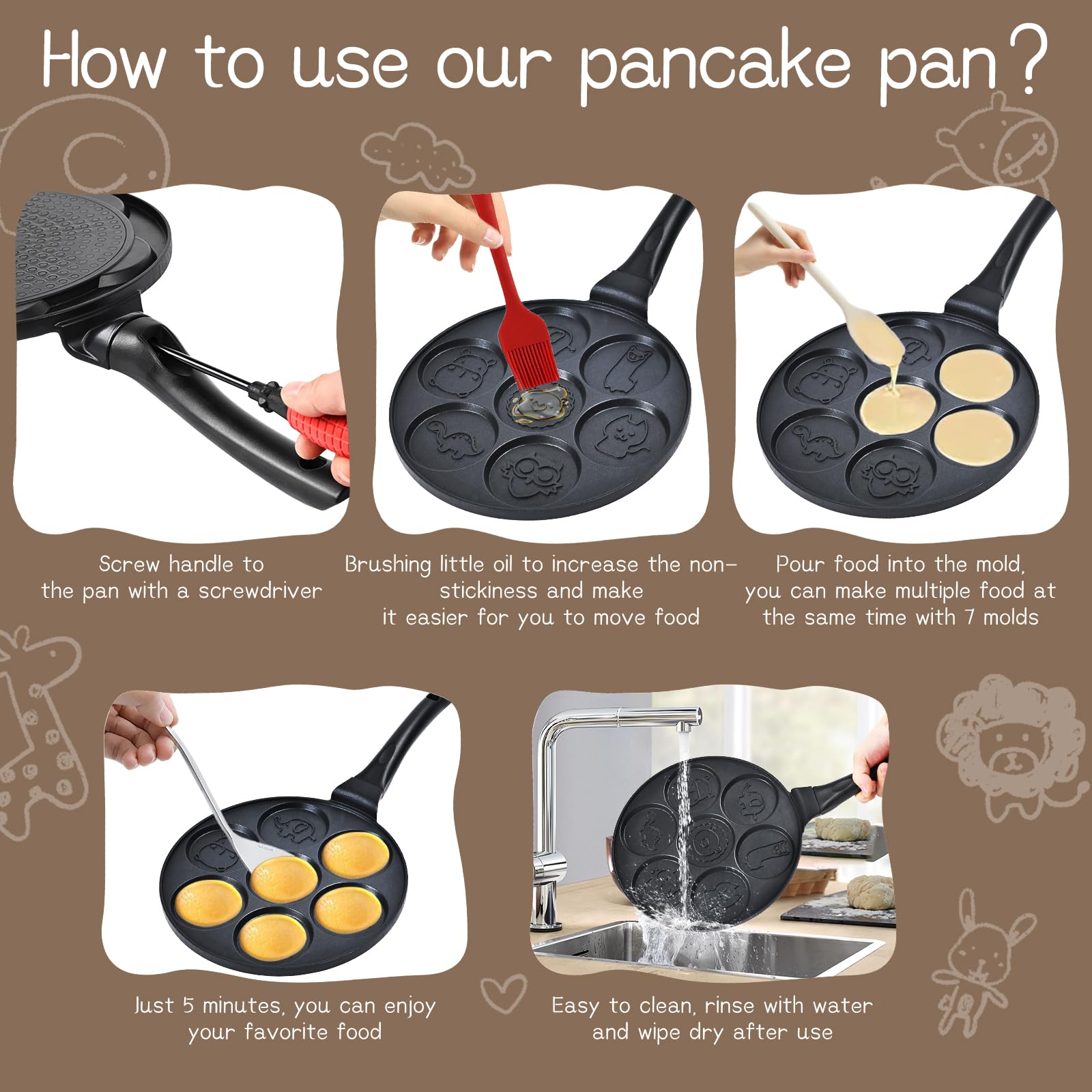 Pancake Maker WKWKTOTO con 7 moldes de animales para desayunos divertidos.