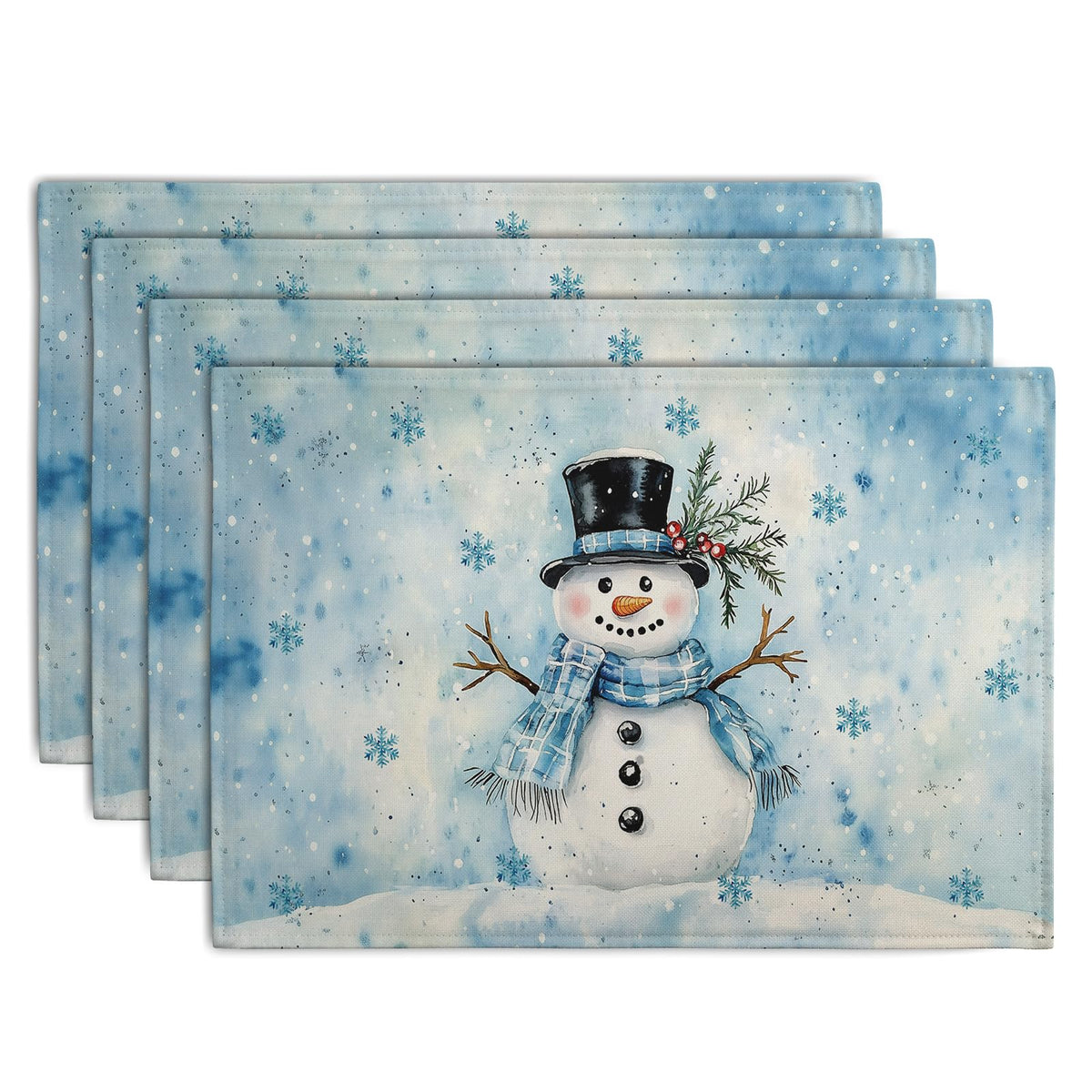 Manteles Wnoesat con muneco de nieve azul para cenas navideñas.