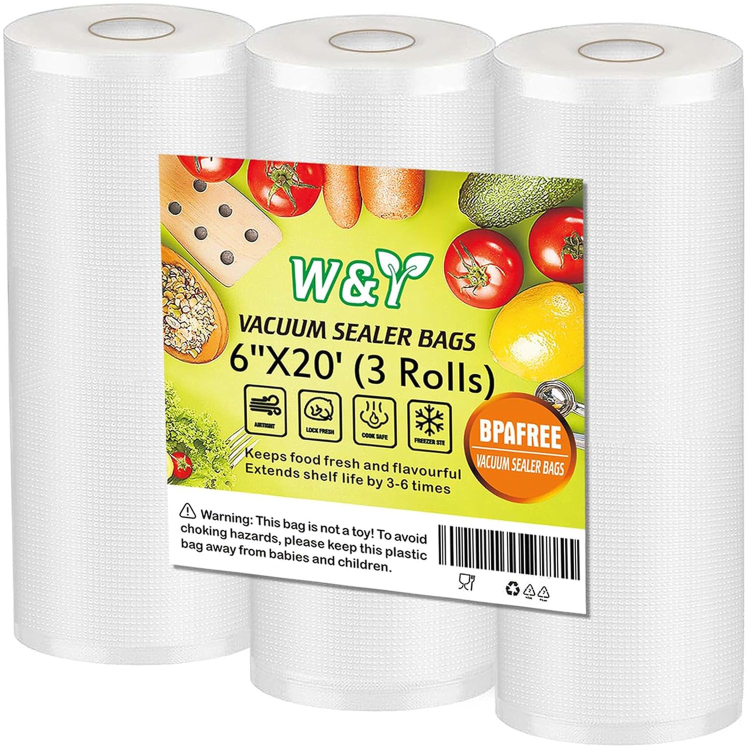 W&Y rollos de sellado al vacío con relieve para conservar alimentos frescos.