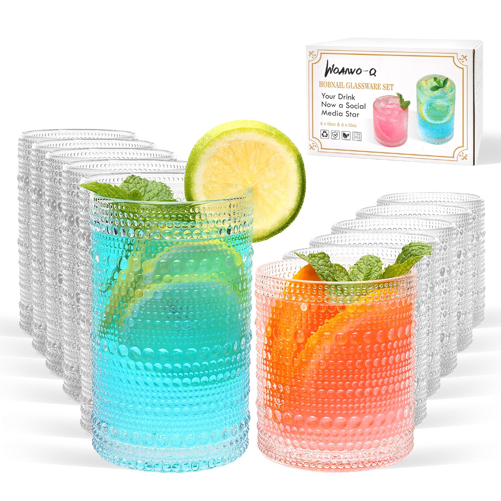 Vaso alto 12 onzas Woaiwo-q con hobnail, ideal para cócteles.