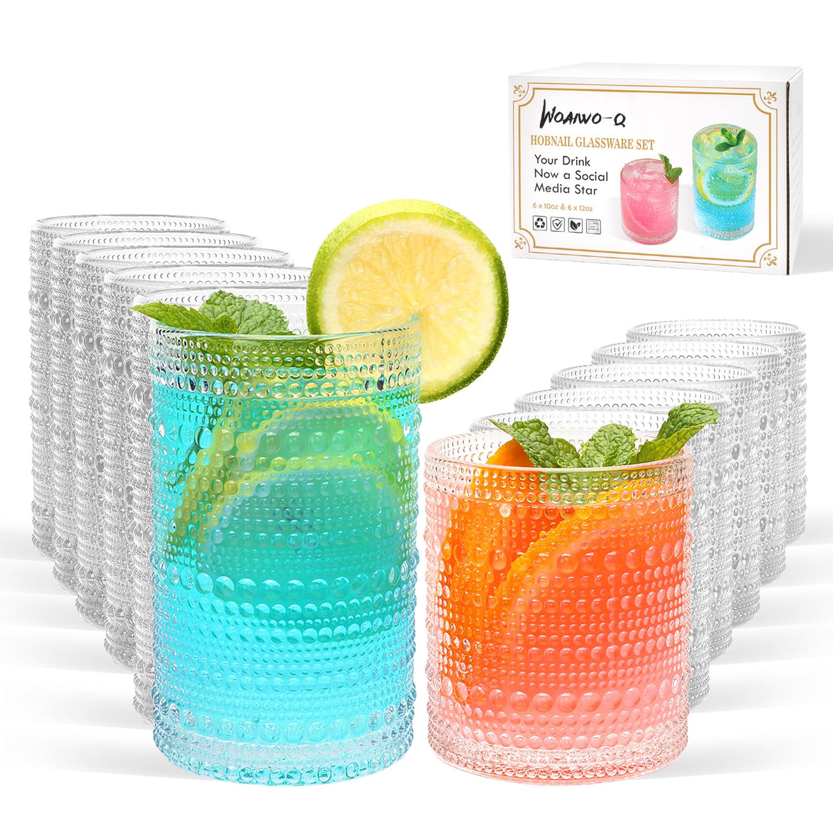 Vaso alto 12 onzas Woaiwo-q con hobnail, ideal para cócteles.