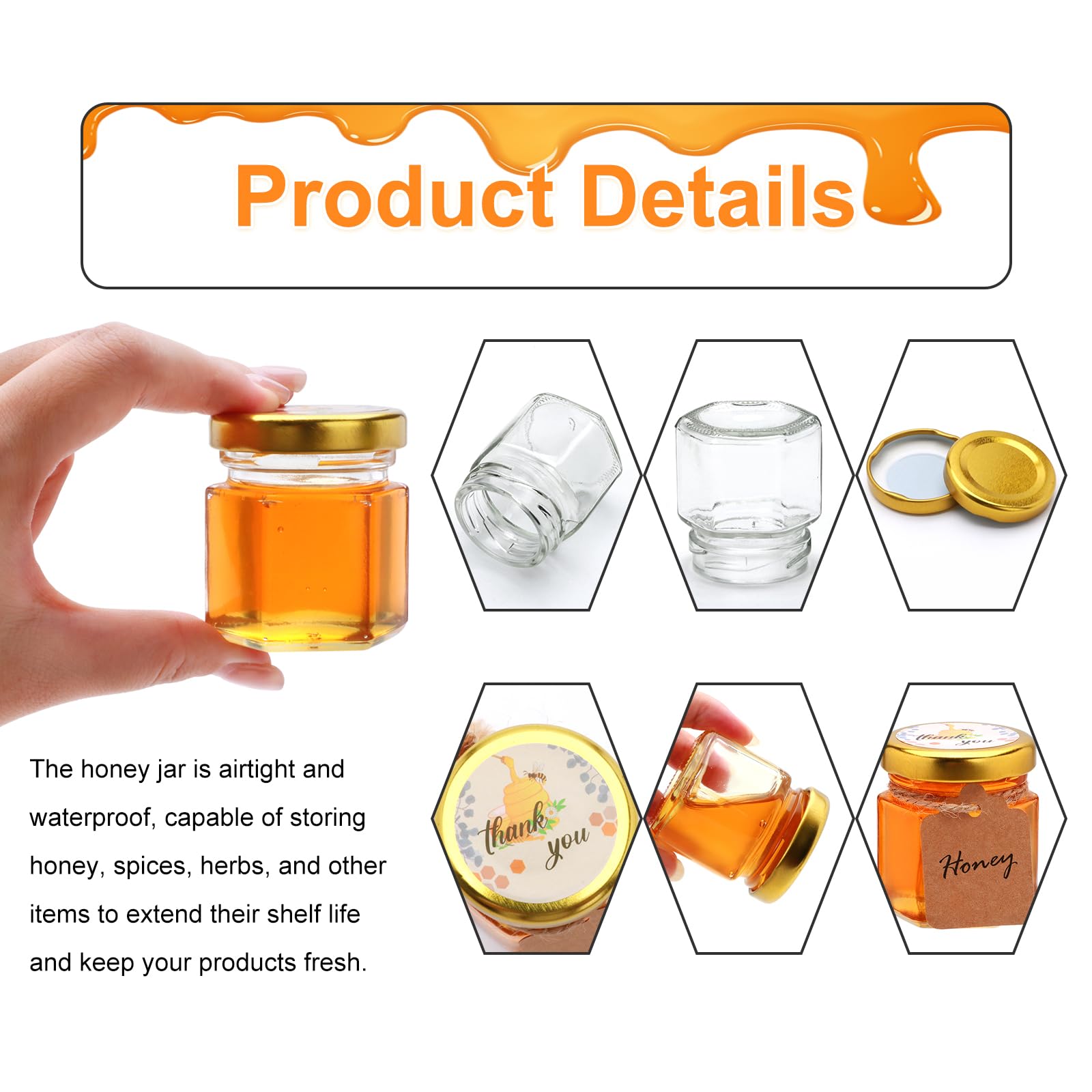 Woaiwo-q tarro hexagonal dorado 1.5oz, fácil de etiquetar.
