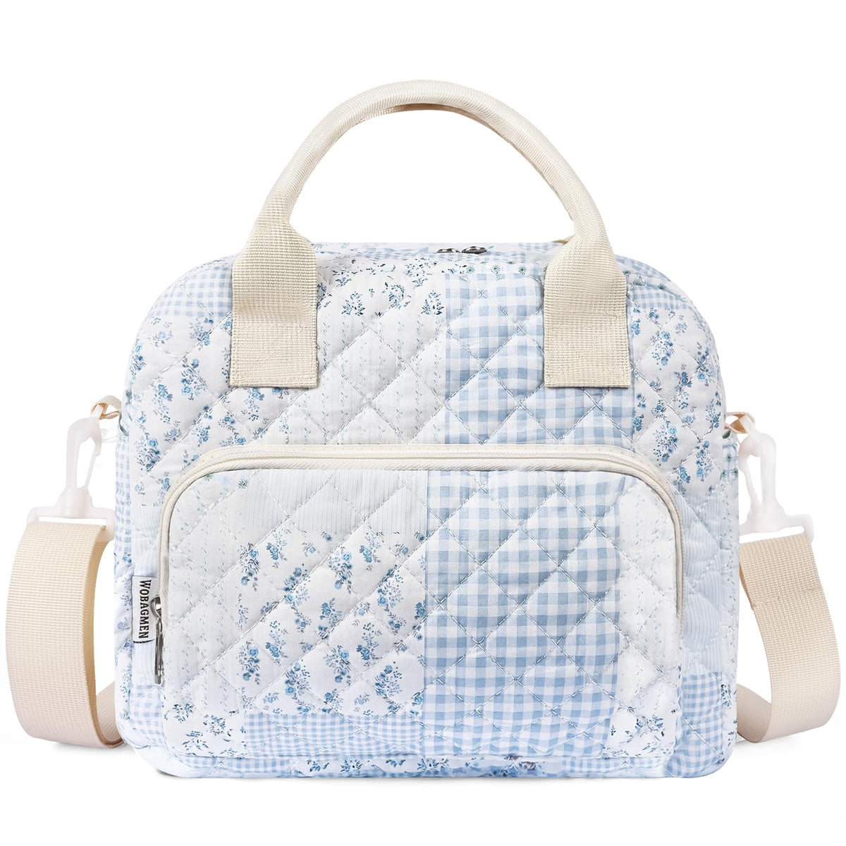 WOBAGMEN bolsa de almuerzo acolchada con diseño floral azul, ideal para llevar comida con estilo.